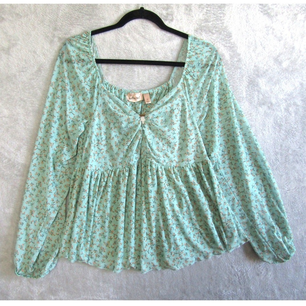 Willow Root‎ Blue Floral Square Neck Babydoll Blouse Top Size L